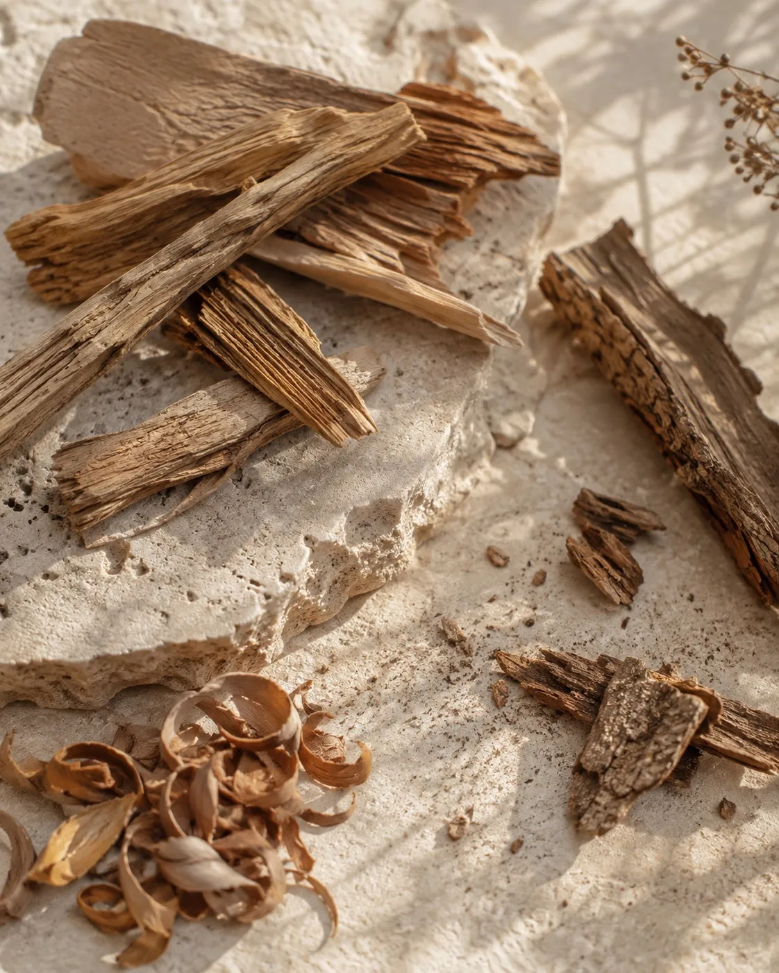 Sandalwood and cedarwood pieces and shavings on warm stone